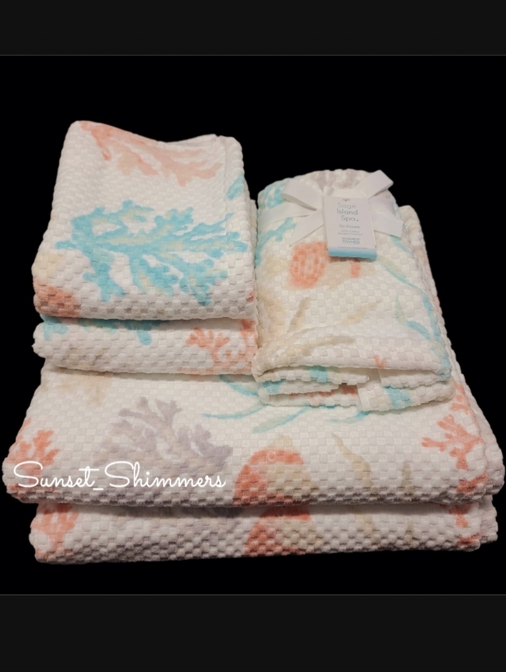 6pc Fish & Sea Coral Coastal Bath Hand Tip Towel Set Sage Island Spa  NEW
